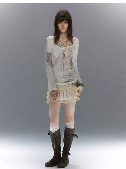 Cest Nous Sheer Lace Printed Rope Knot Women&