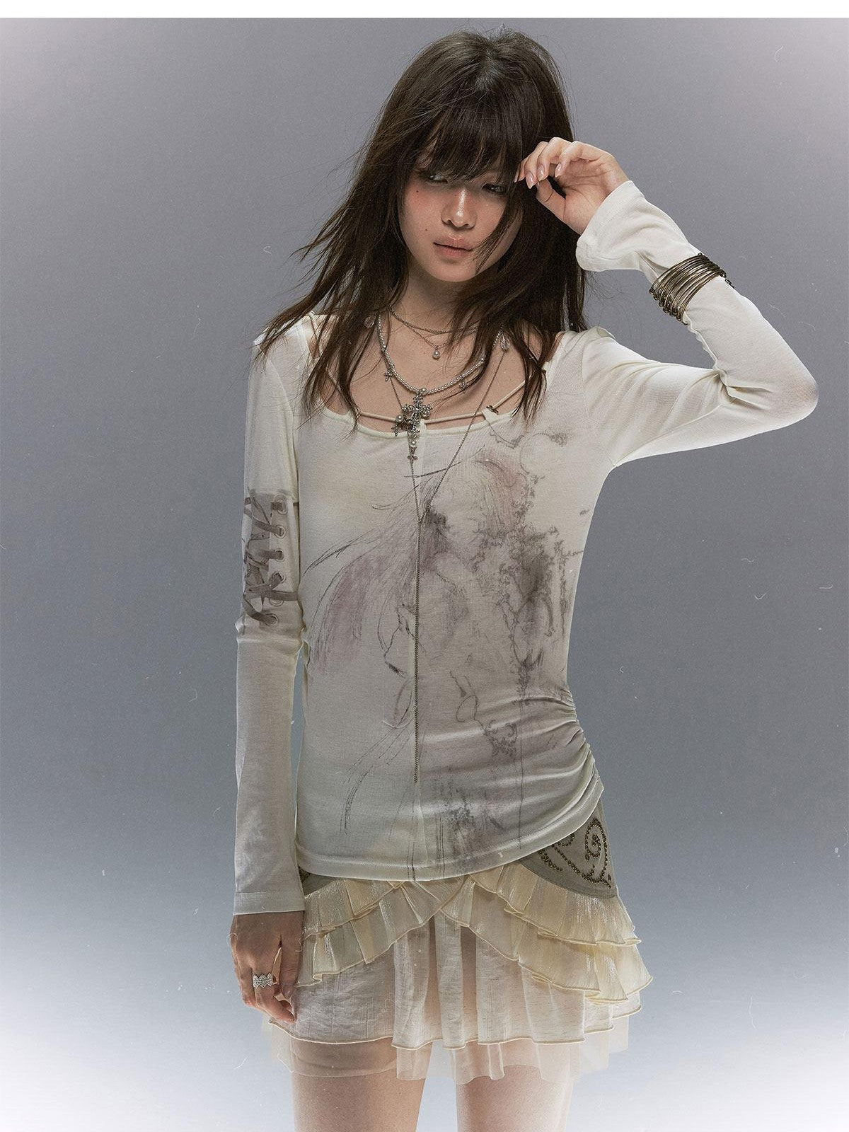 Cest Nous Sheer Lace Printed Rope Knot Women&