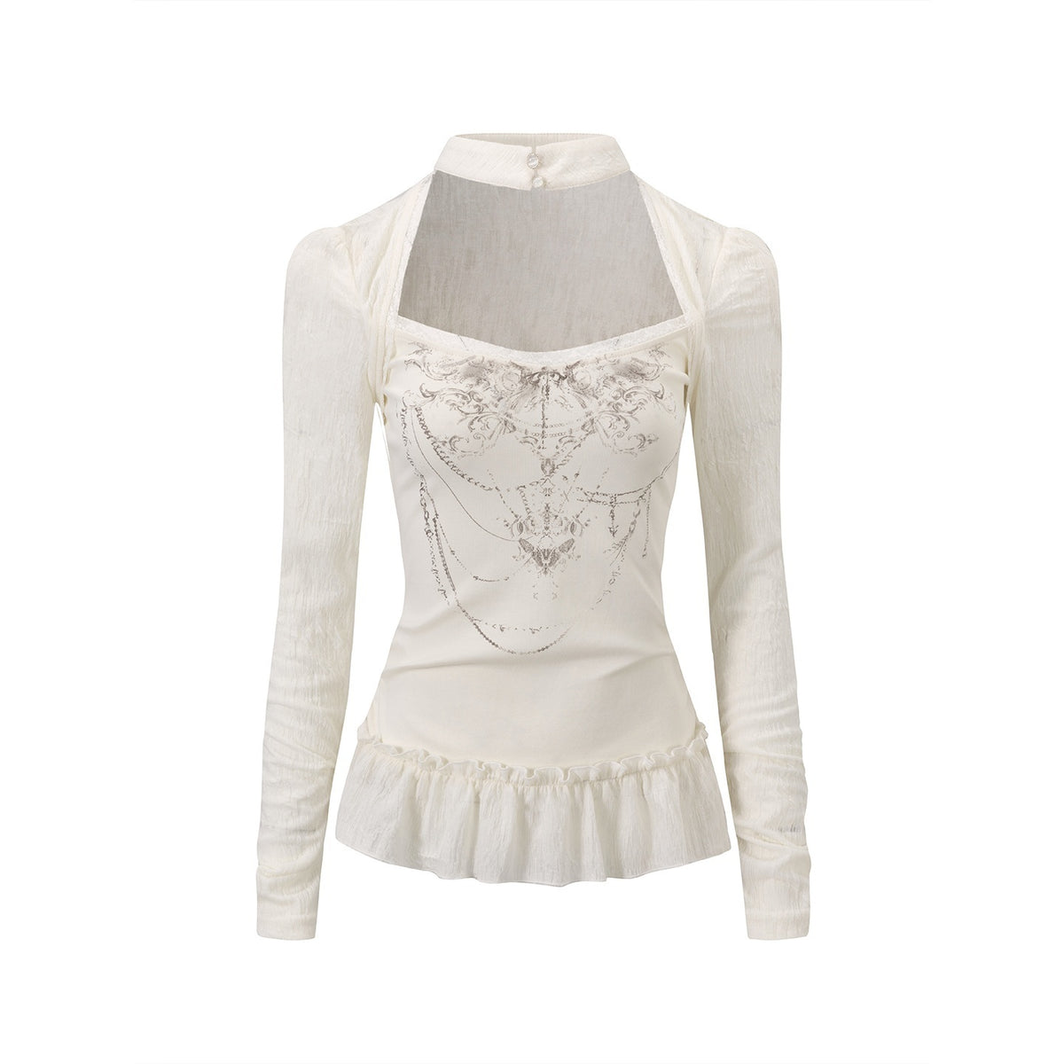 Cest_Nous_Silver_Print_Lace_Ruffle_Puff_Sleeve_Square_Neck_Women&