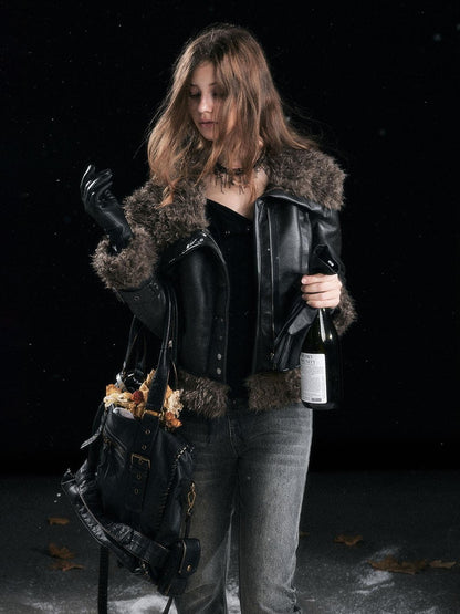 Cest Nous Slimming Thick Punk Straight Cut Short Women Black Lapel Zipper Jacket