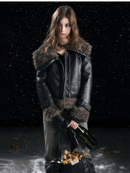 Cest Nous Slimming Thick Punk Straight Cut Short Women Black Lapel Zipper Jacket