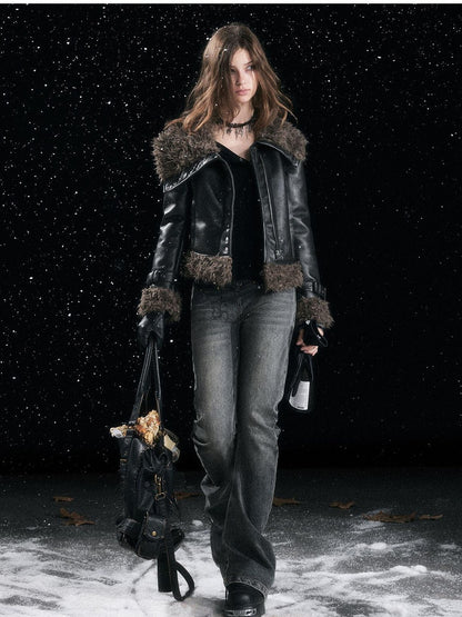 Cest Nous Slimming Thick Punk Straight Cut Short Women Black Lapel Zipper Jacket