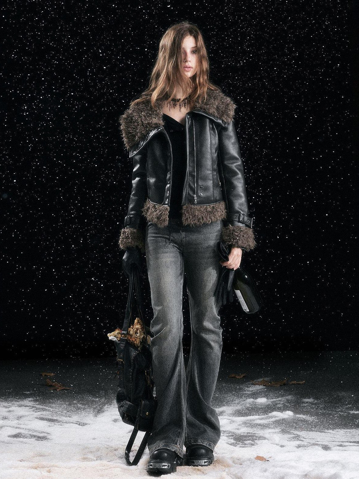 Cest Nous Slimming Thick Punk Straight Cut Short Women Black Lapel Zipper Jacket