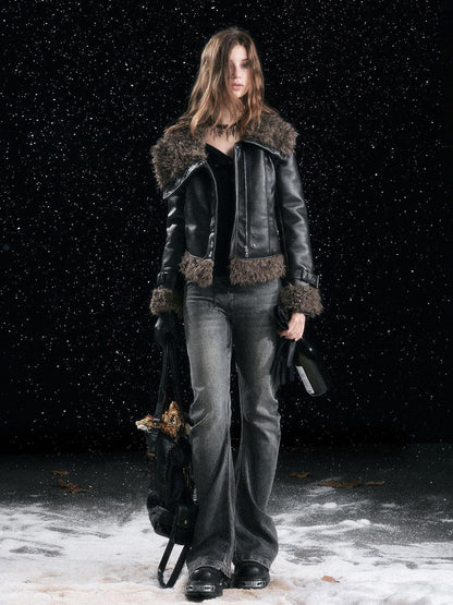 Cest Nous Slimming Thick Punk Straight Cut Short Women Black Lapel Zipper Jacket