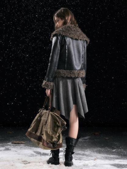 Cest Nous Slimming Thick Punk Straight Cut Short Women Black Lapel Zipper Jacket