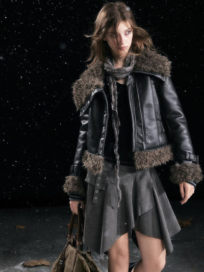 Cest Nous Slimming Thick Punk Straight Cut Short Women Black Lapel Zipper Jacket