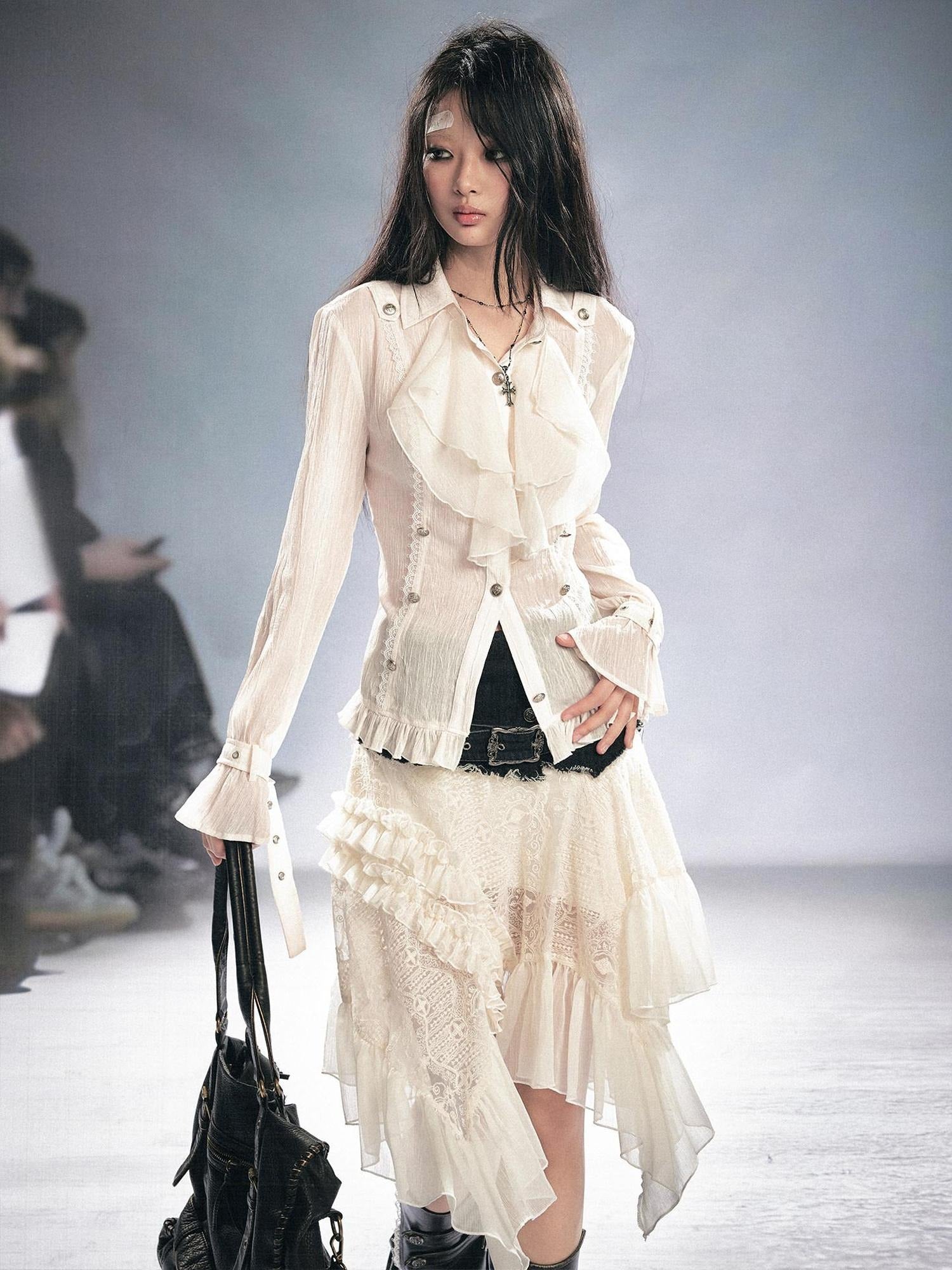 Cest Nous Soft Modal Gothic Slim Fit Pleated Ruffled Long Sleeve Women Blouse