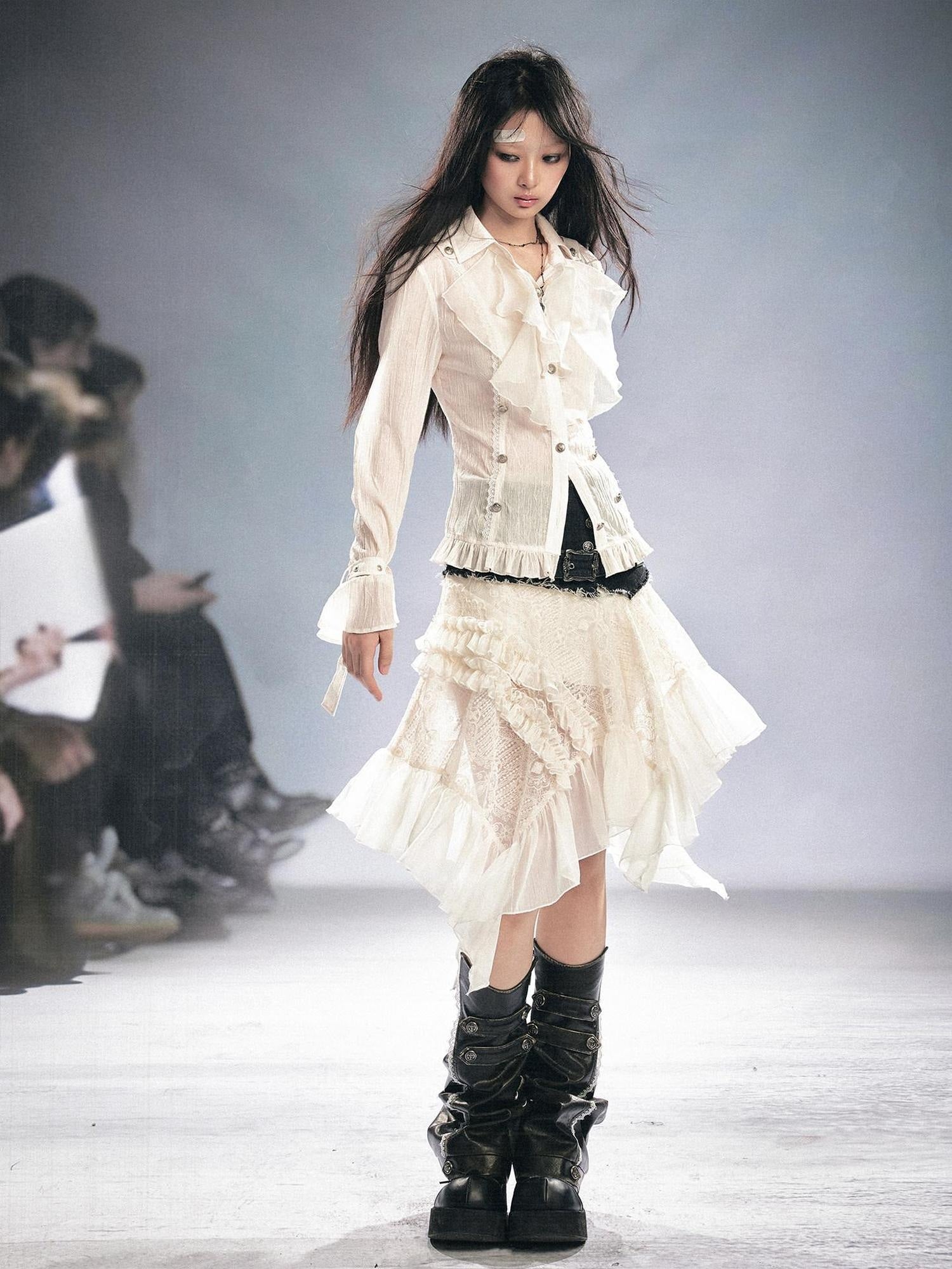 Cest Nous Soft Modal Gothic Slim Fit Pleated Ruffled Long Sleeve Women Blouse