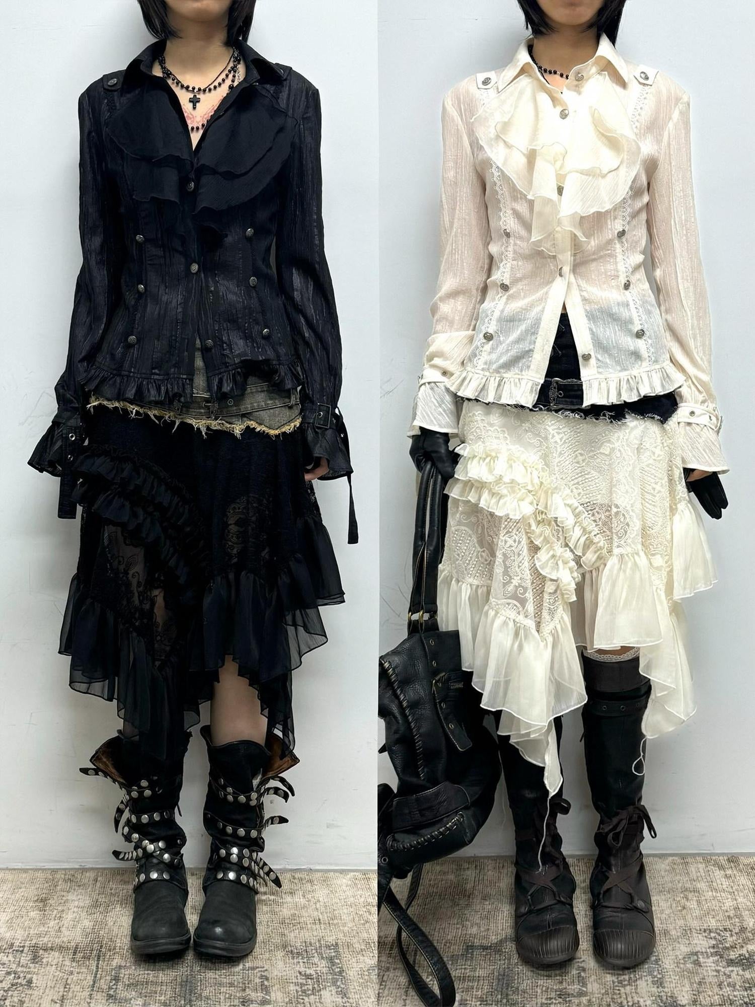 Cest Nous Soft Modal Gothic Slim Fit Pleated Ruffled Long Sleeve Women Blouse