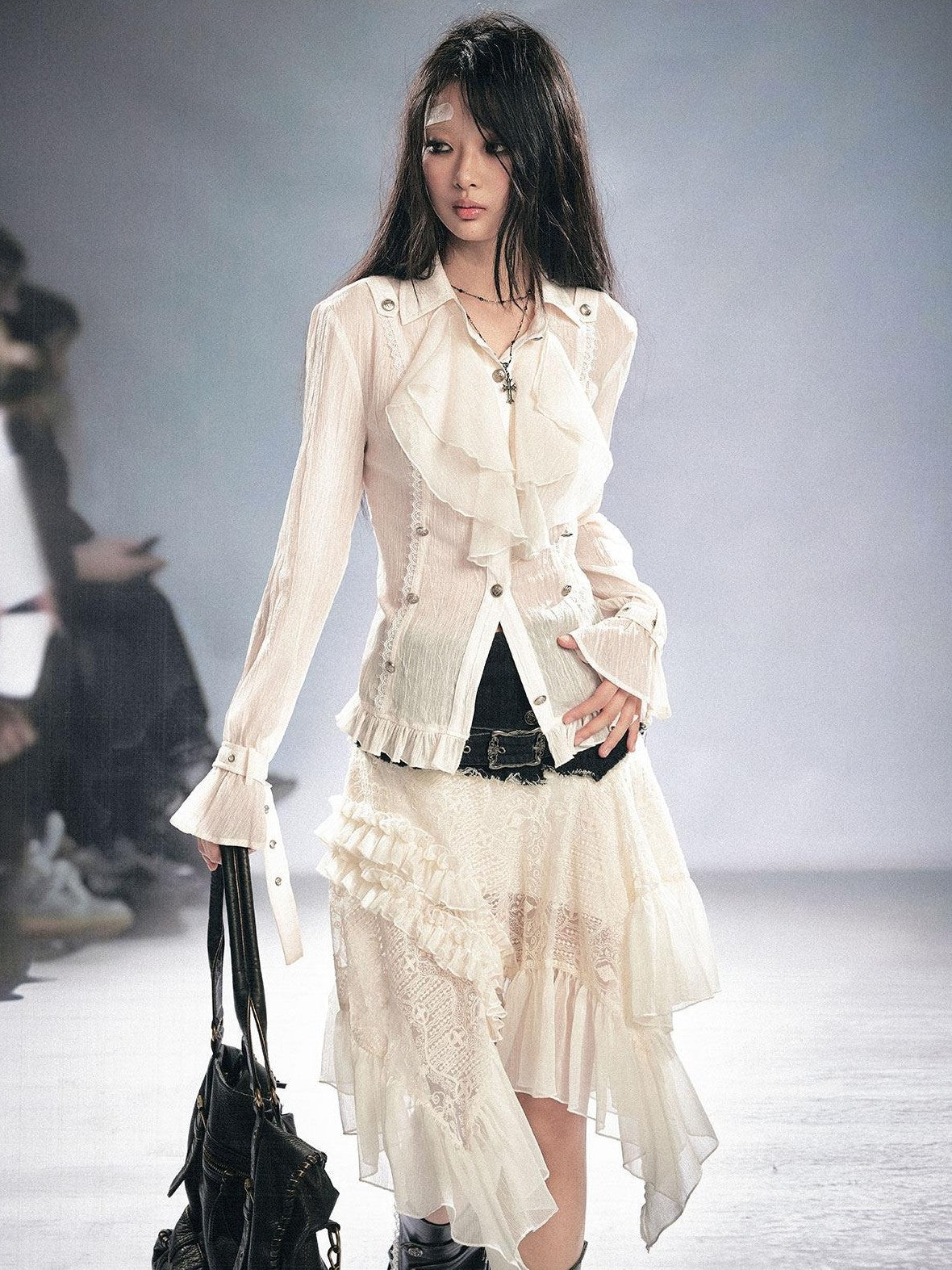 Cest Nous Soft Modal Gothic Slim Fit Pleated Ruffled Long Sleeve Women Blouse