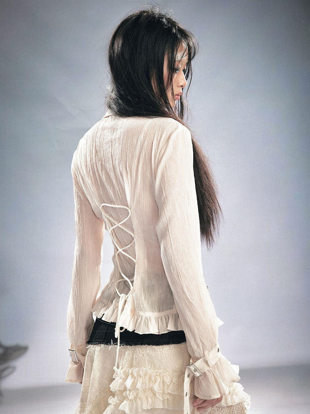 Cest Nous Soft Modal Gothic Slim Fit Pleated Ruffled Long Sleeve Women Blouse