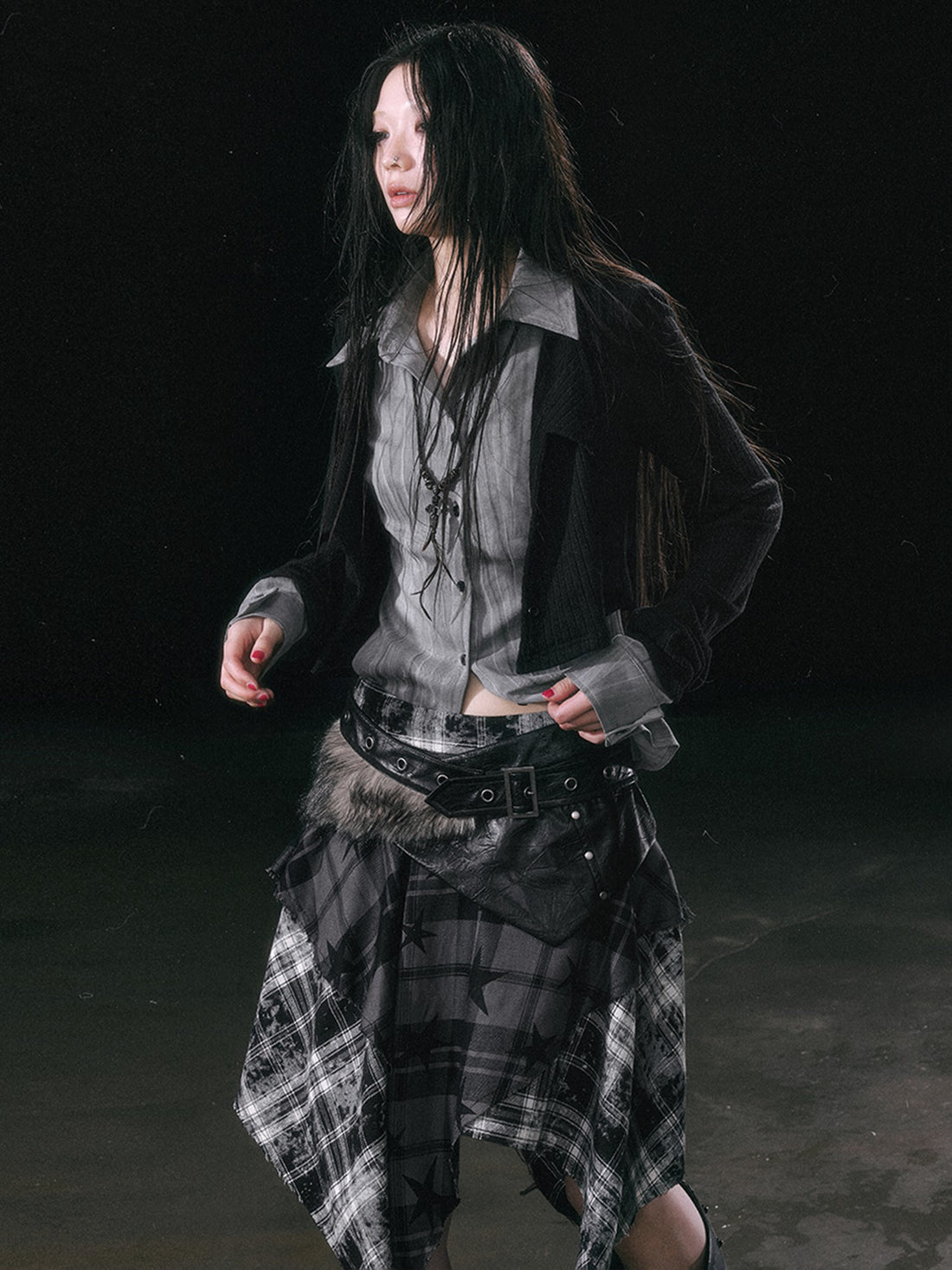 Cest Nous Star Check Irregular Frayed Leather Patch Fur Waist Women&