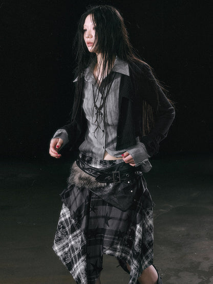 Cest Nous Star Check Irregular Frayed Leather Patch Fur Waist Women&