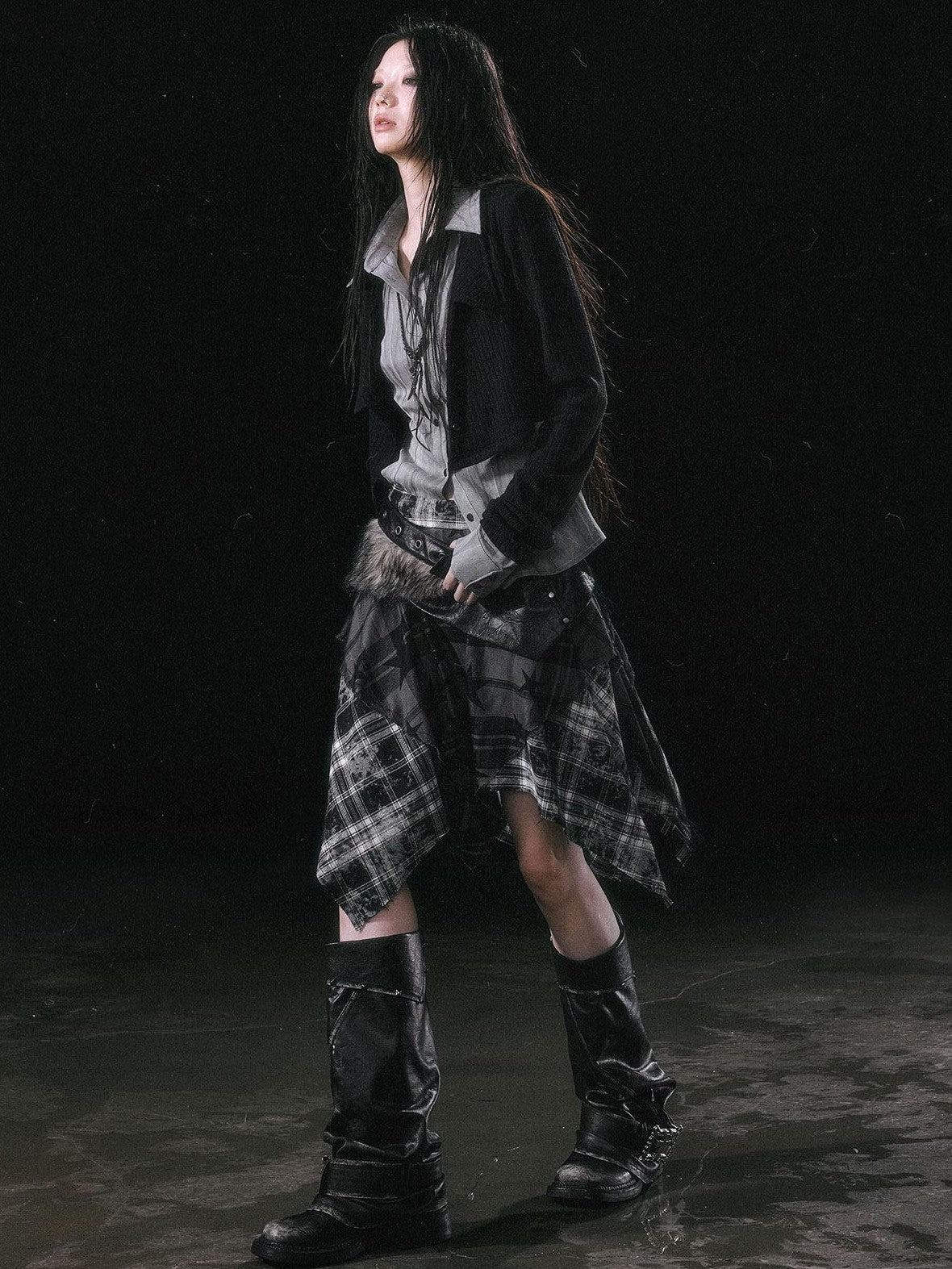 Cest Nous Star Check Irregular Frayed Leather Patch Fur Waist Women&