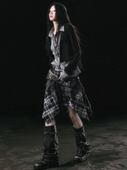 Cest Nous Star Check Irregular Frayed Leather Patch Fur Waist Women&