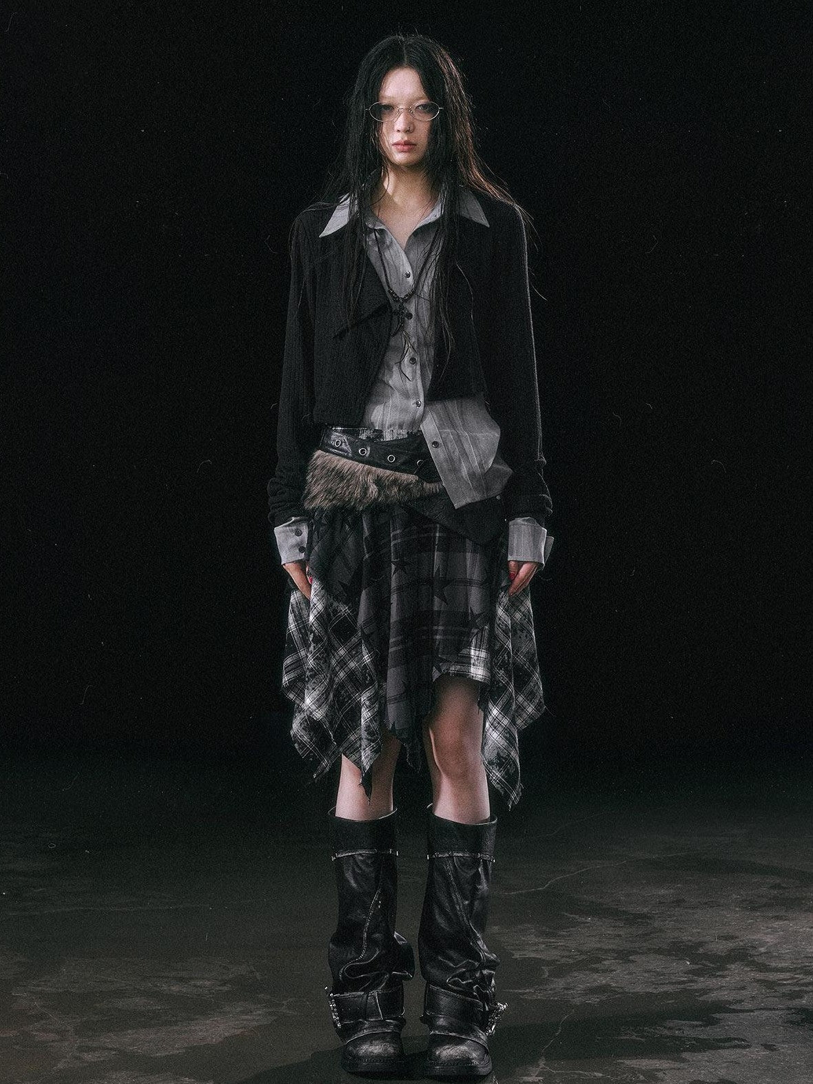 Cest Nous Star Check Irregular Frayed Leather Patch Fur Waist Women&