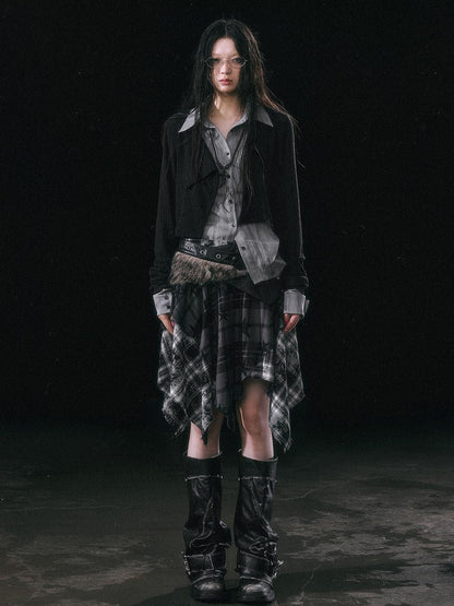 Cest Nous Star Check Irregular Frayed Leather Patch Fur Waist Women&