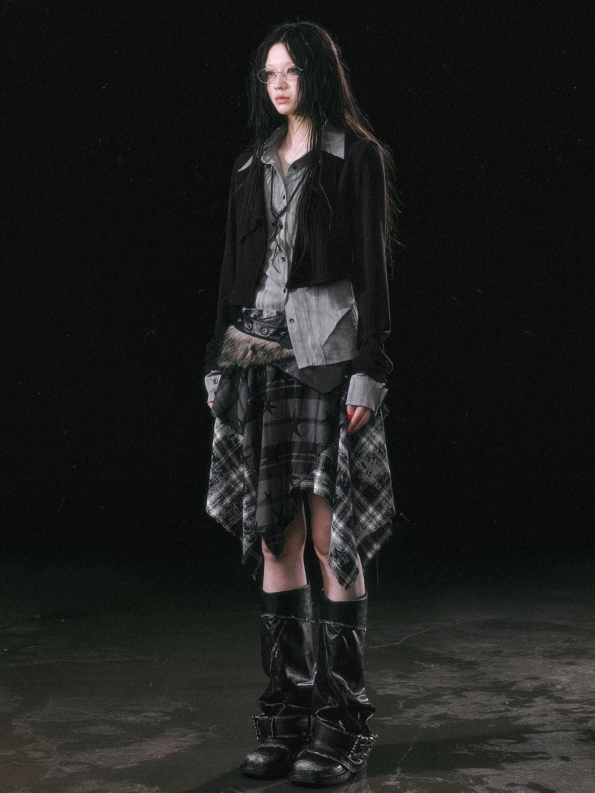 Cest Nous Star Check Irregular Frayed Leather Patch Fur Waist Women&