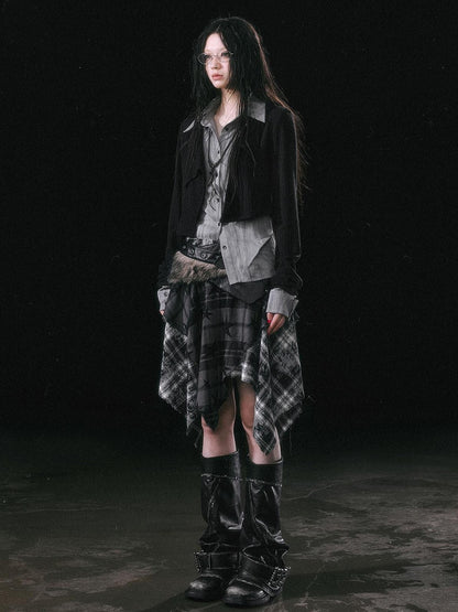 Cest Nous Star Check Irregular Frayed Leather Patch Fur Waist Women&
