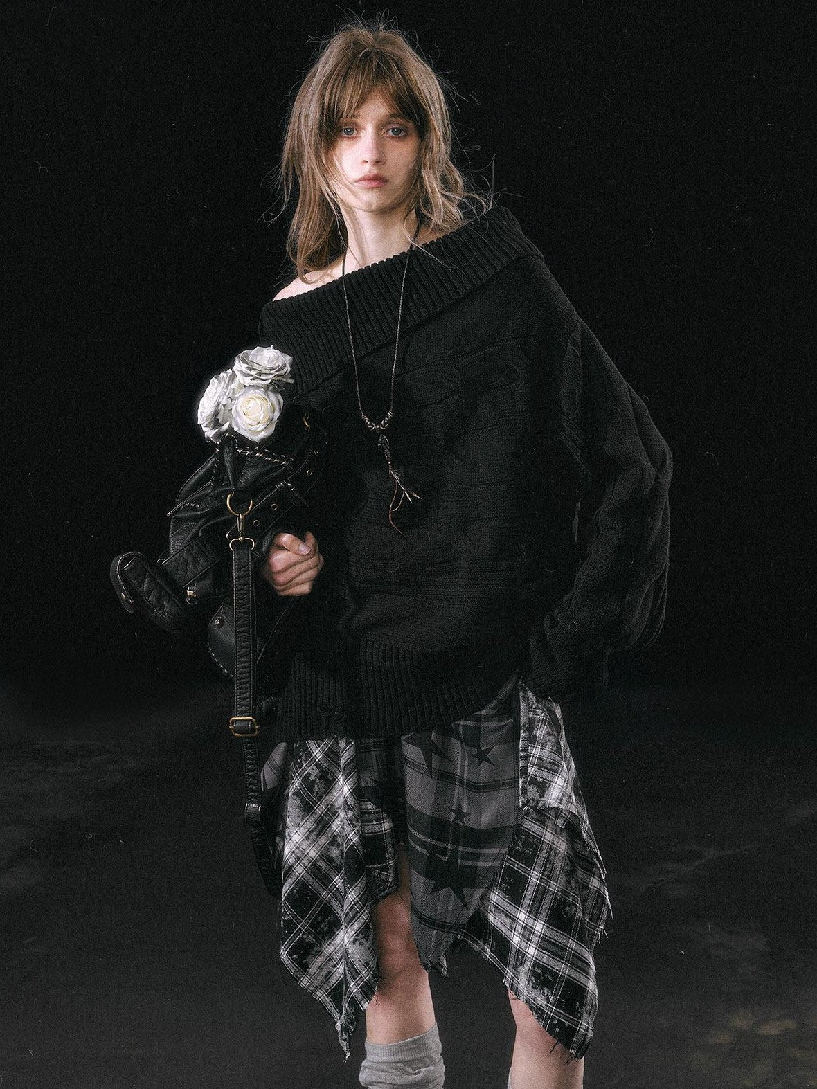 Cest Nous Star Check Irregular Frayed Leather Patch Fur Waist Women&