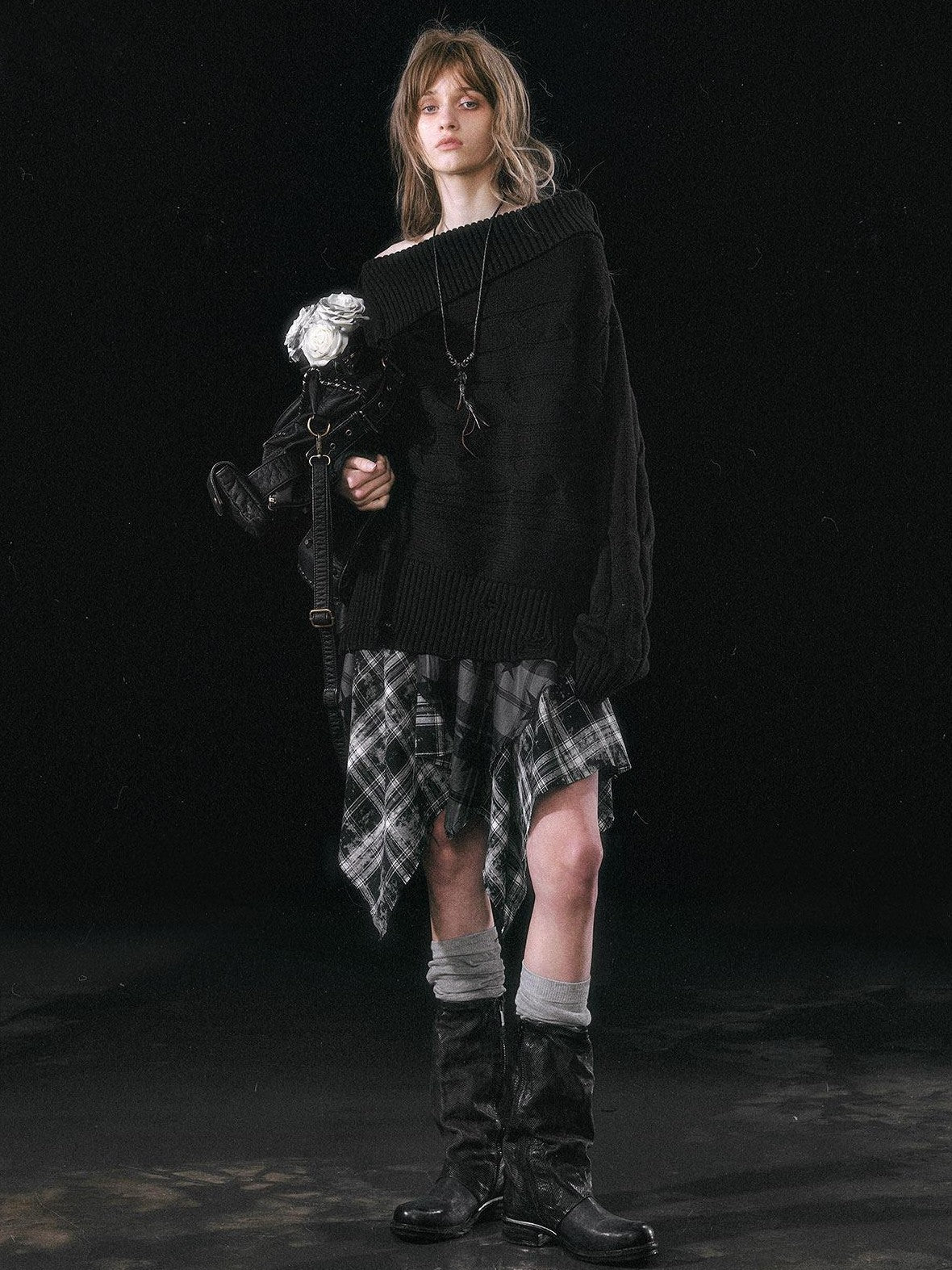 Cest Nous Star Check Irregular Frayed Leather Patch Fur Waist Women&