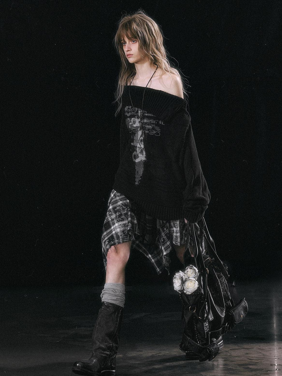 Cest Nous Star Check Irregular Frayed Leather Patch Fur Waist Women&