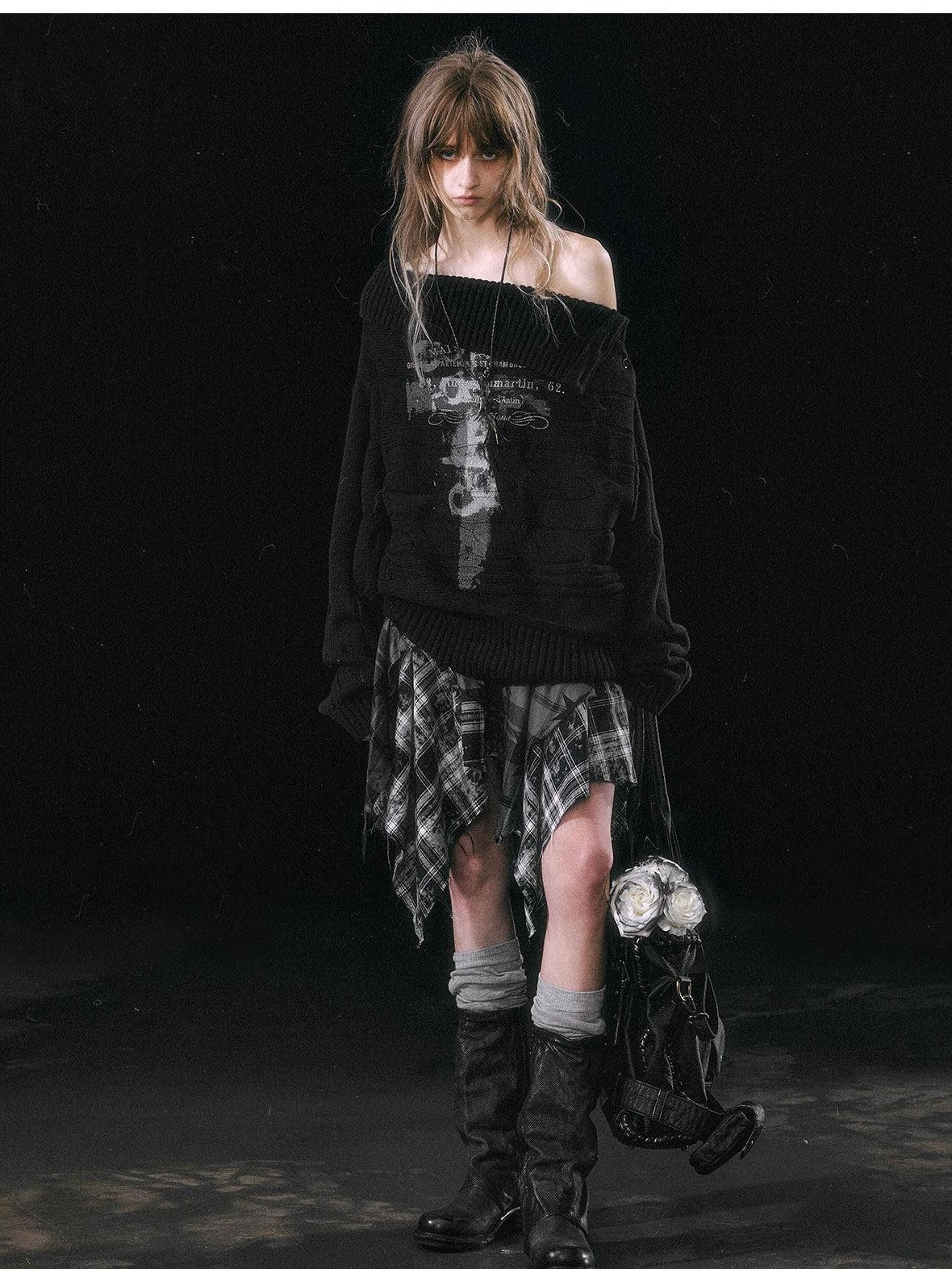 Cest Nous Star Check Irregular Frayed Leather Patch Fur Waist Women&