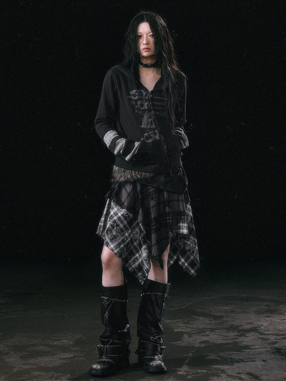 Cest Nous Star Check Irregular Frayed Leather Patch Fur Waist Women&