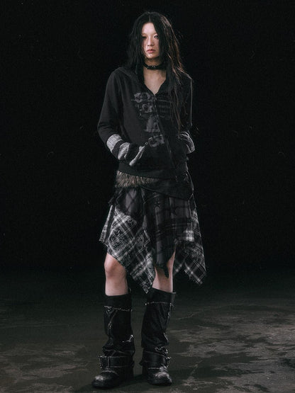 Cest Nous Star Check Irregular Frayed Leather Patch Fur Waist Women&