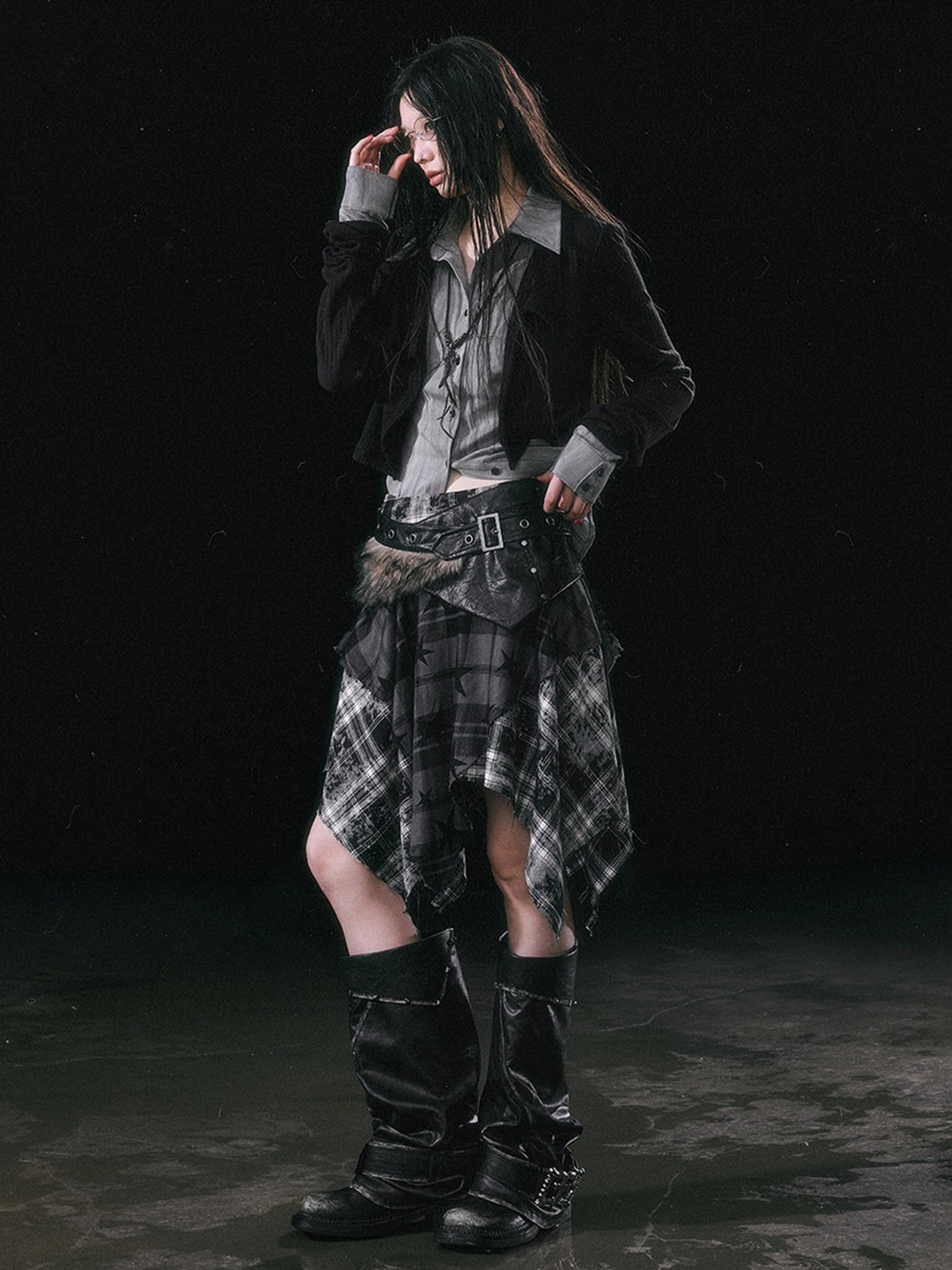 Cest Nous Star Check Irregular Frayed Leather Patch Fur Waist Women&