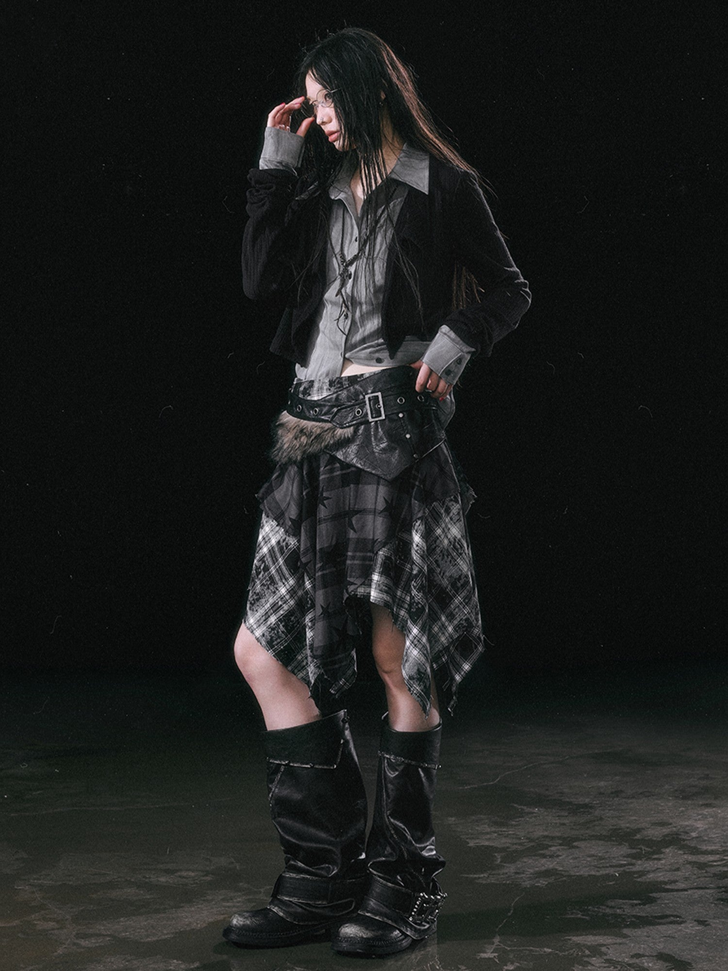 Cest Nous Star Check Irregular Frayed Leather Patch Fur Waist Women&