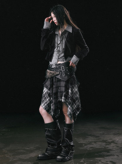 Cest Nous Star Check Irregular Frayed Leather Patch Fur Waist Women&