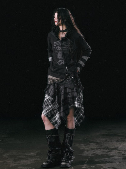 Cest Nous Star Check Irregular Frayed Leather Patch Fur Waist Women&