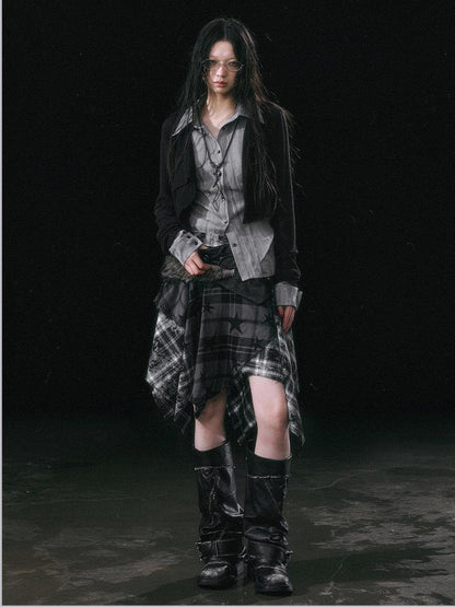 Cest Nous Star Check Irregular Frayed Leather Patch Fur Waist Women&