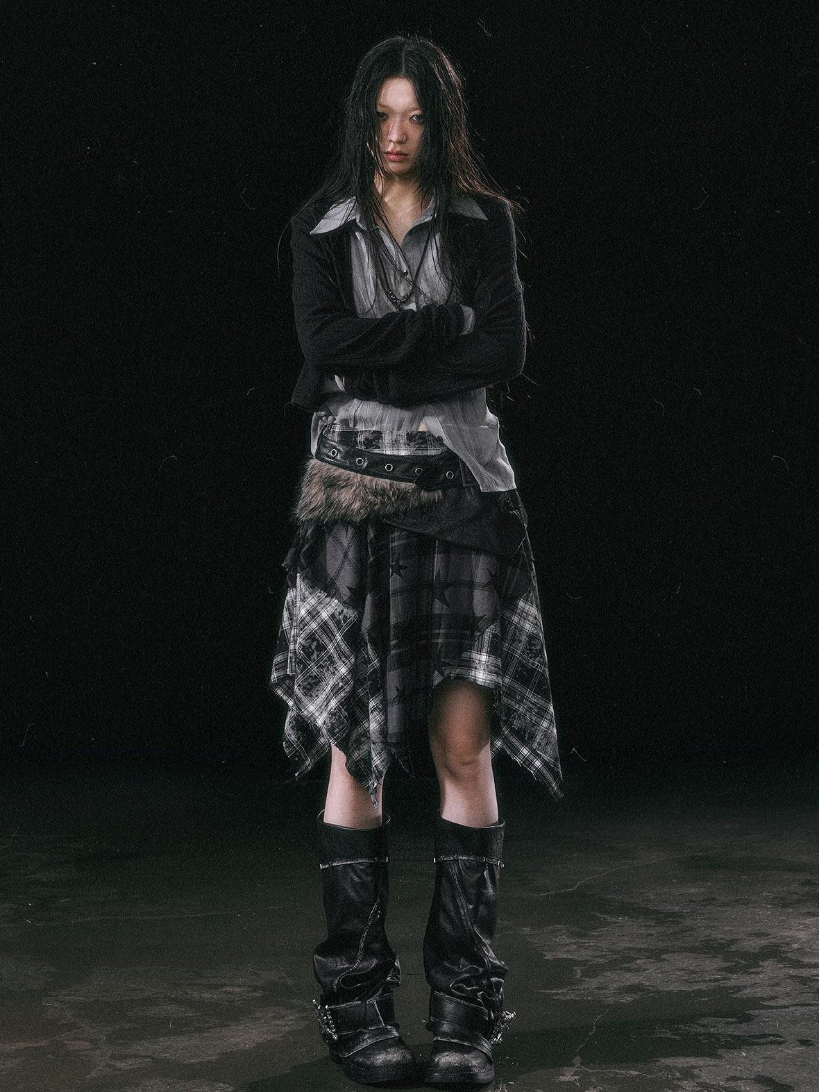 Cest Nous Star Check Irregular Frayed Leather Patch Fur Waist Women&
