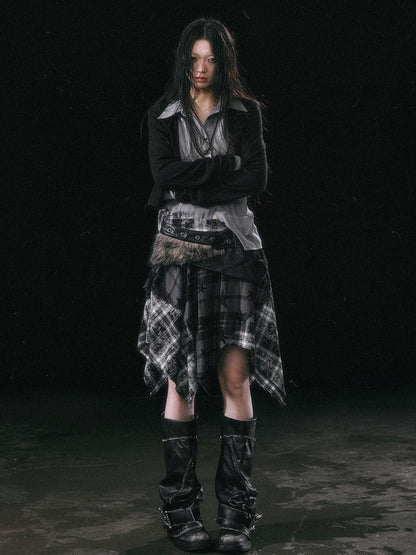 Cest Nous Star Check Irregular Frayed Leather Patch Fur Waist Women&