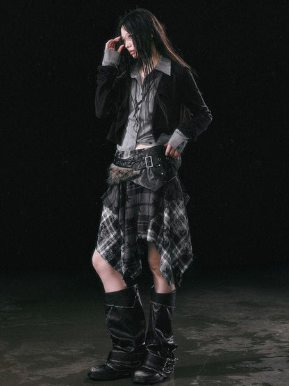 Cest Nous Star Check Irregular Frayed Leather Patch Fur Waist Women&