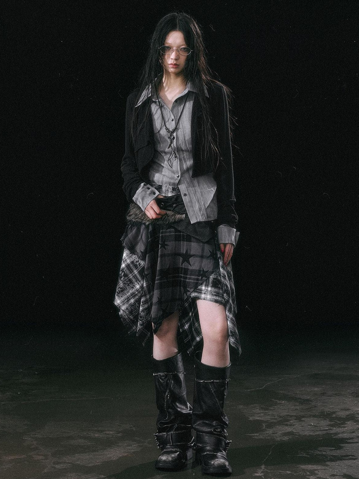 Cest Nous Star Check Irregular Frayed Leather Patch Fur Waist Women&