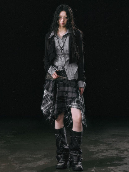 Cest Nous Star Check Irregular Frayed Leather Patch Fur Waist Women&