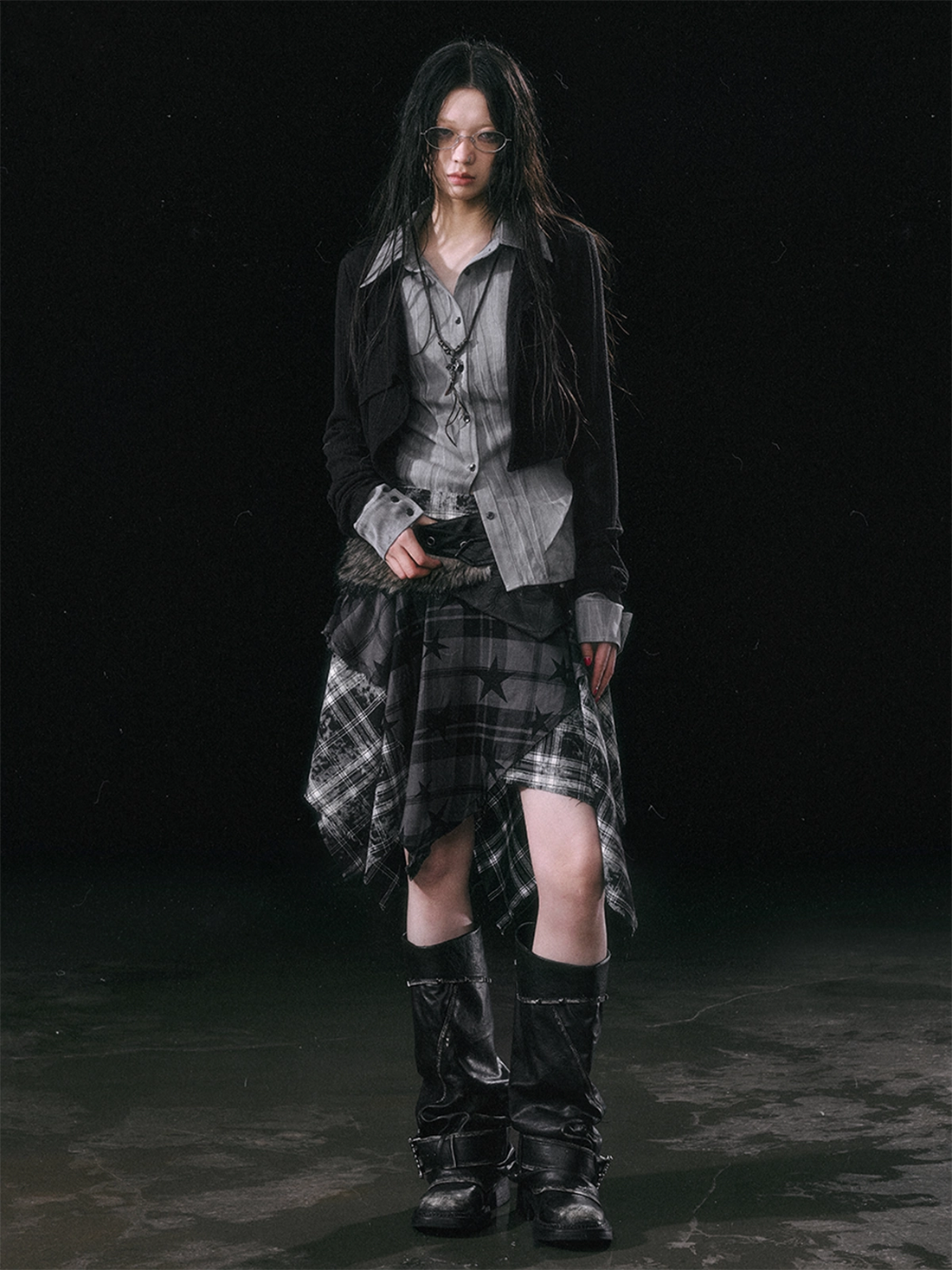 Cest Nous Star Check Irregular Frayed Leather Patch Fur Waist Women&