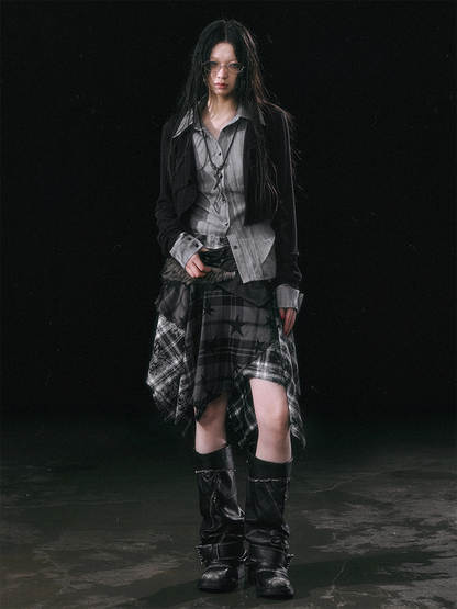 Cest Nous Star Check Irregular Frayed Leather Patch Fur Waist Women&