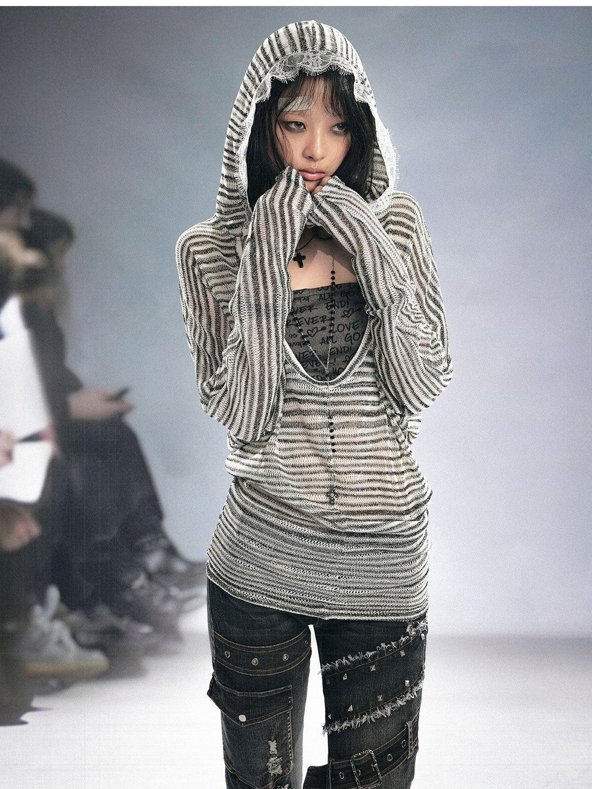 Cest Nous Striped Hollow Bandeau Two Piece Hooded Batwing Women&
