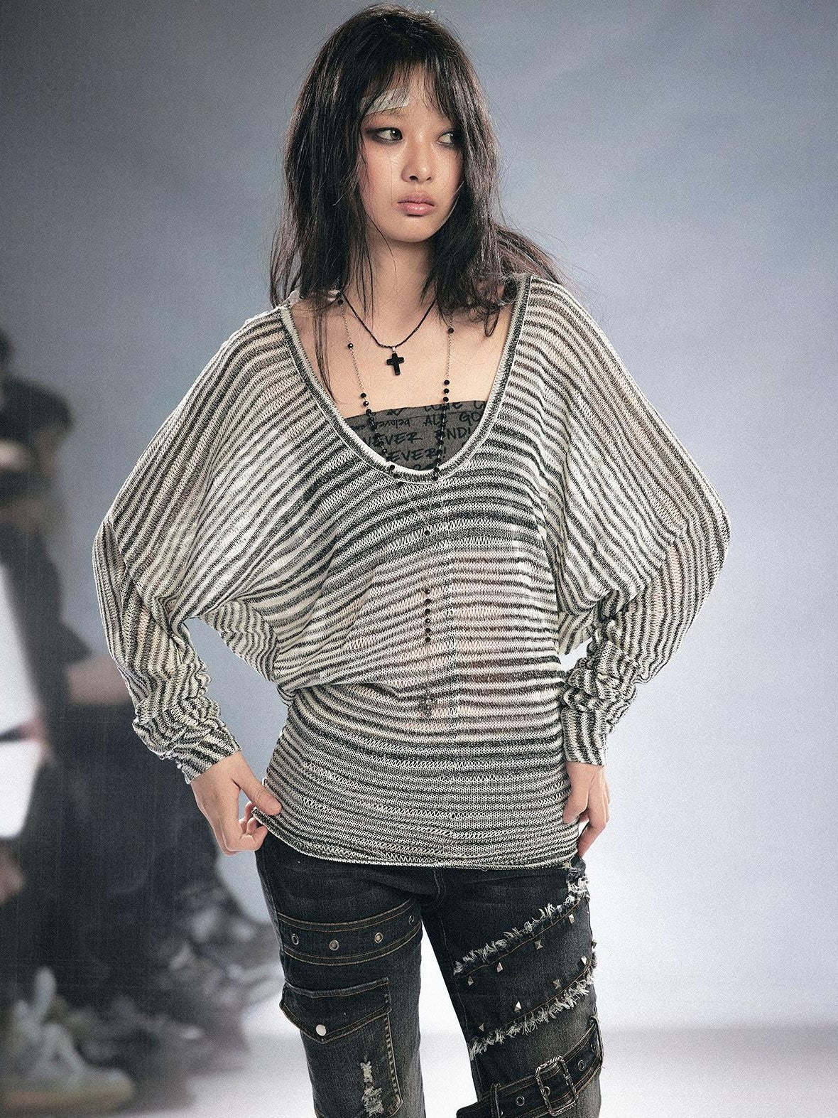 Cest Nous Striped Hollow Bandeau Two Piece Hooded Batwing Women&