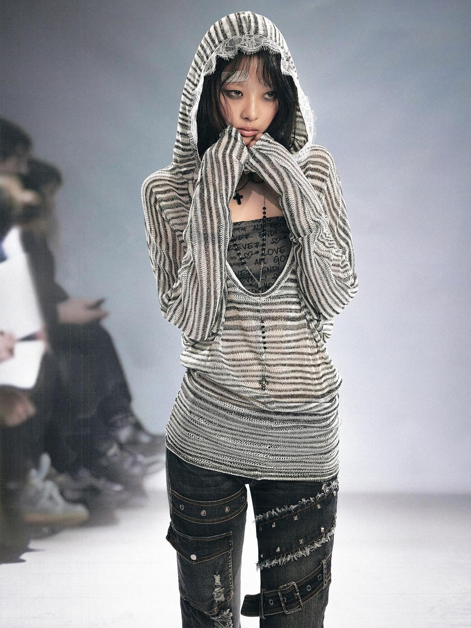 Cest Nous Striped Hollow Bandeau Two Piece Hooded Batwing Women&