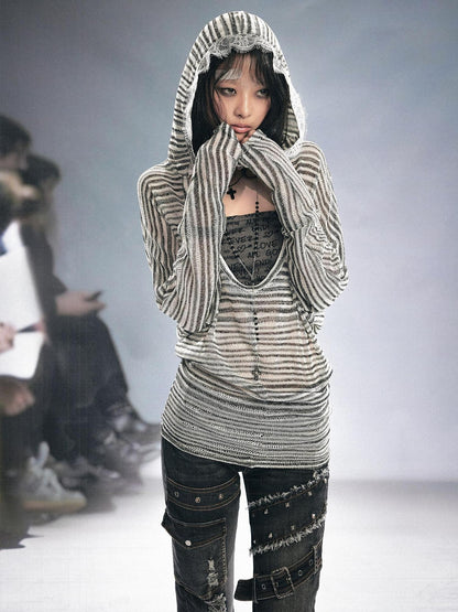 Cest Nous Striped Hollow Bandeau Two Piece Hooded Batwing Women&