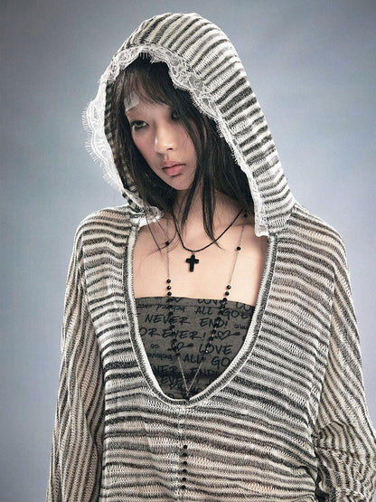 Cest Nous Striped Hollow Bandeau Two Piece Hooded Batwing Women&
