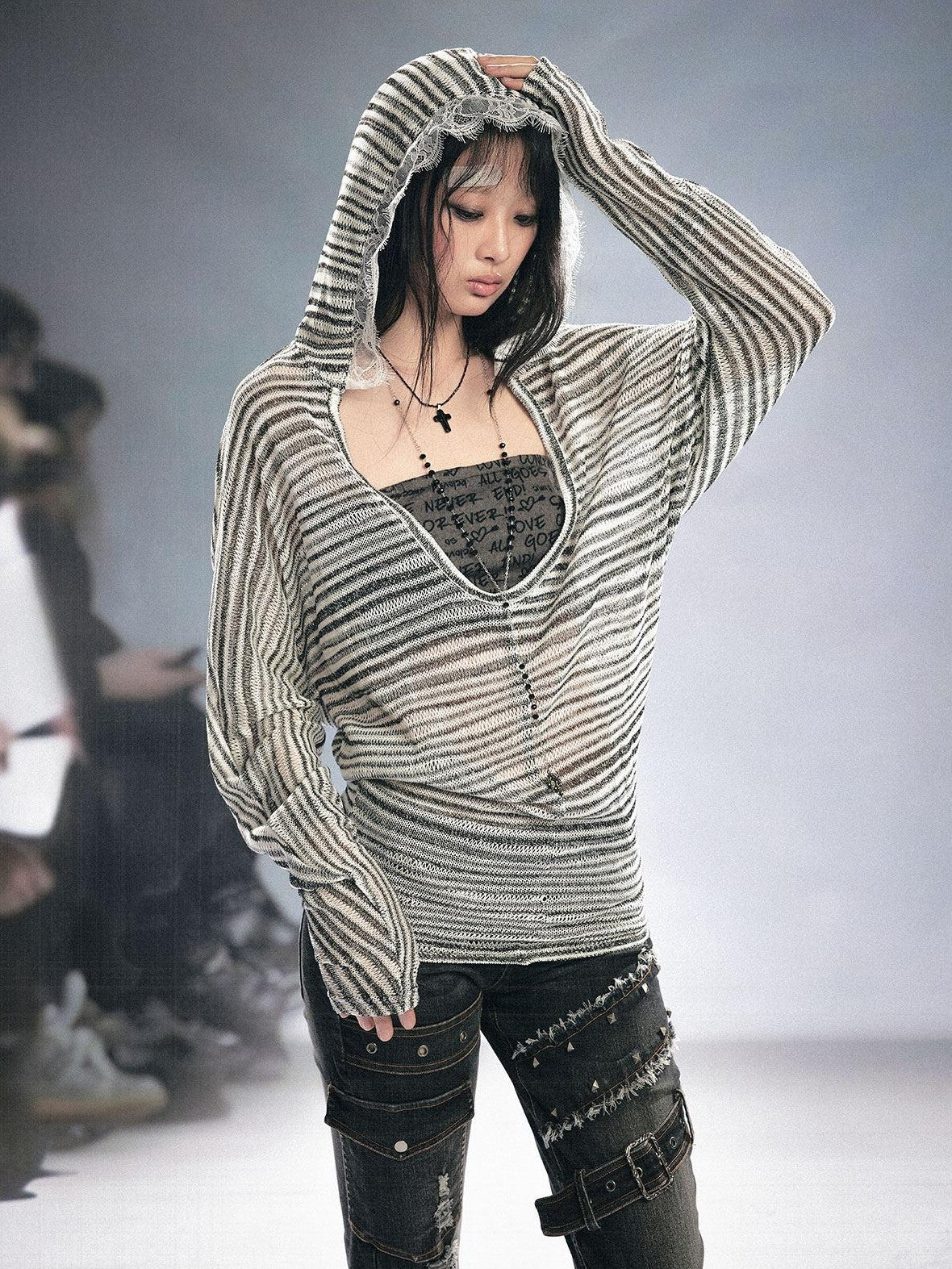 Cest Nous Striped Hollow Bandeau Two Piece Hooded Batwing Women&