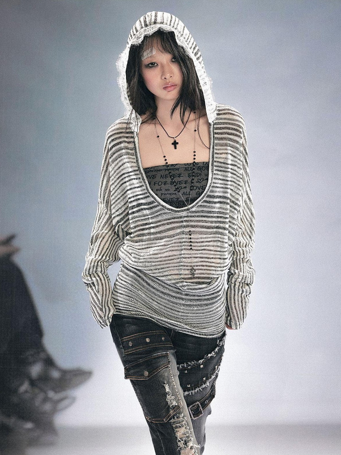Cest Nous Striped Hollow Bandeau Two Piece Hooded Batwing Women&