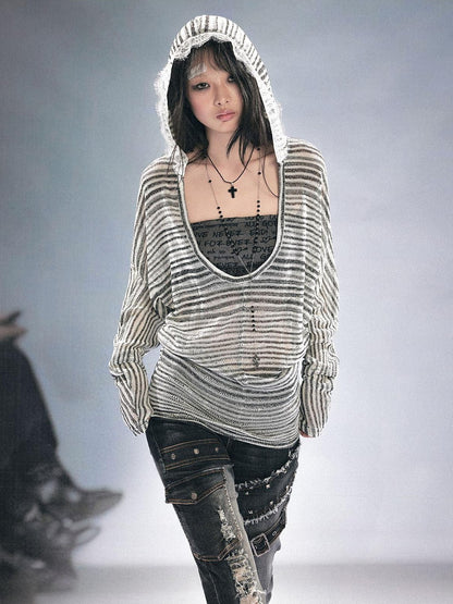 Cest Nous Striped Hollow Bandeau Two Piece Hooded Batwing Women&