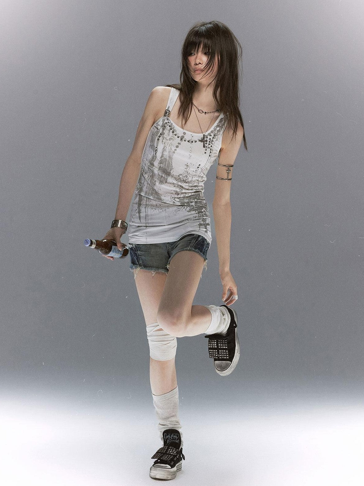 Cest Nous Studded Punk Graffiti Lace Velcro Low Top Round Toe Women&